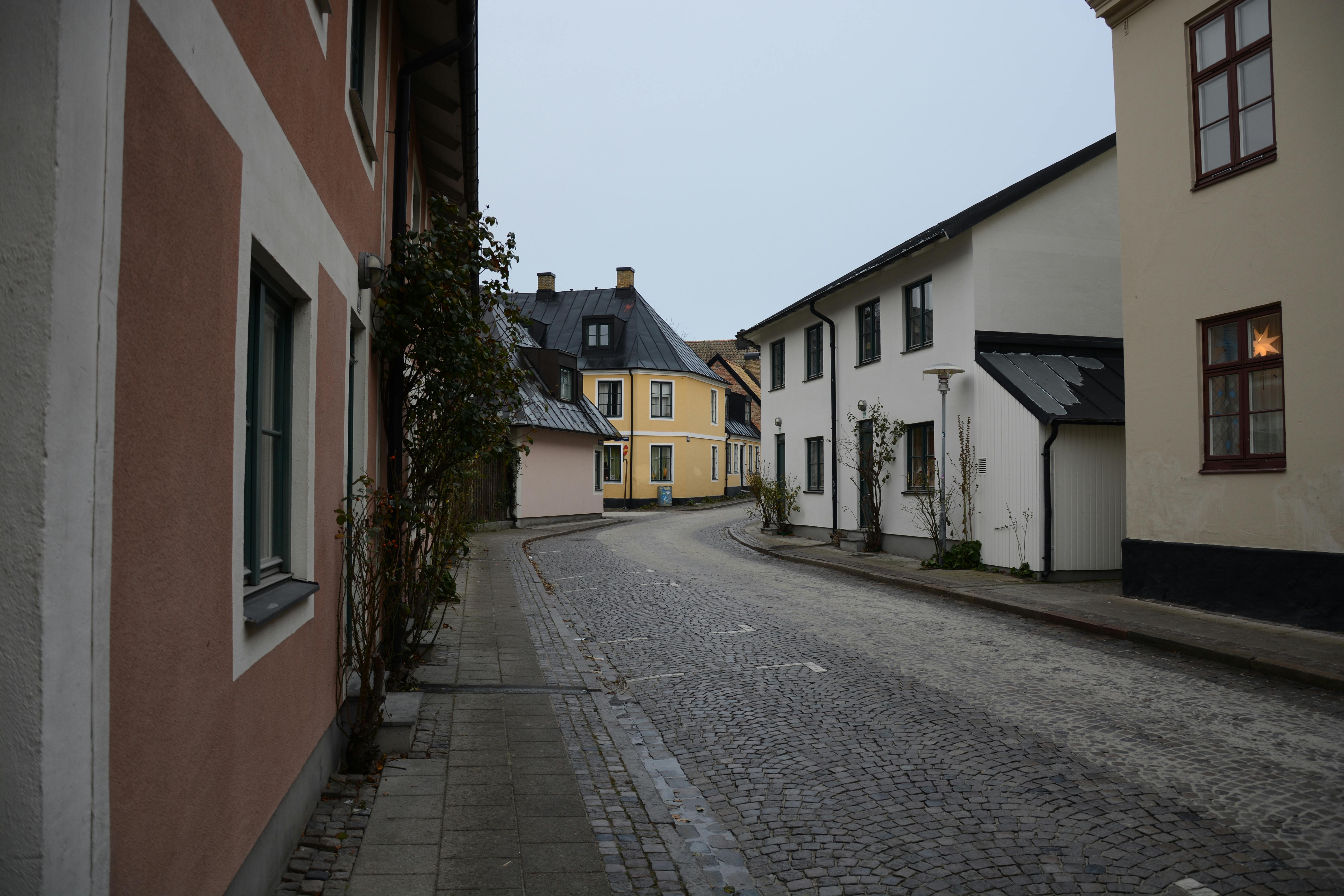 panoramic view of a quiet European city with cobblestone streets and pastel buildings, no crowds