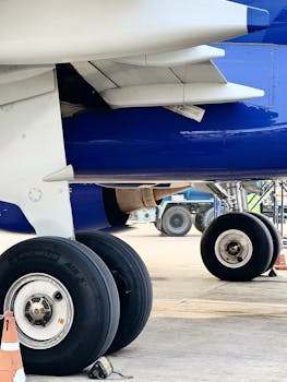 Detailed view of airplane wheels and landing gear at an airport in Varanasi, India.