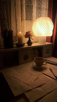 A cozy study setup featuring a warm lamp, a candle, and notes on a desk for a calming study environment.