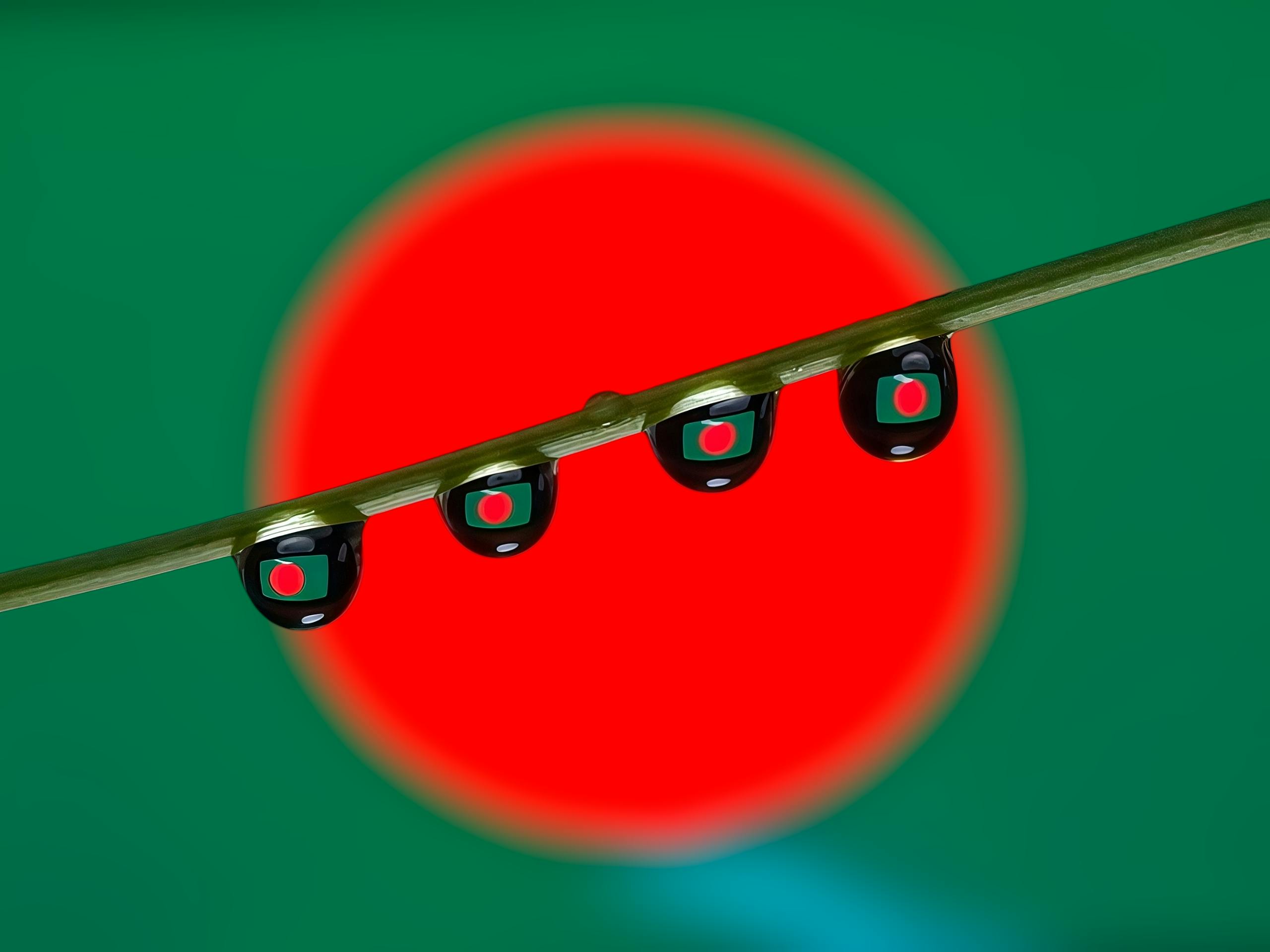 Gratis Foto makro tetesan embun yang memantulkan bendera Bangladesh di latar belakang yang cerah. Foto Stok