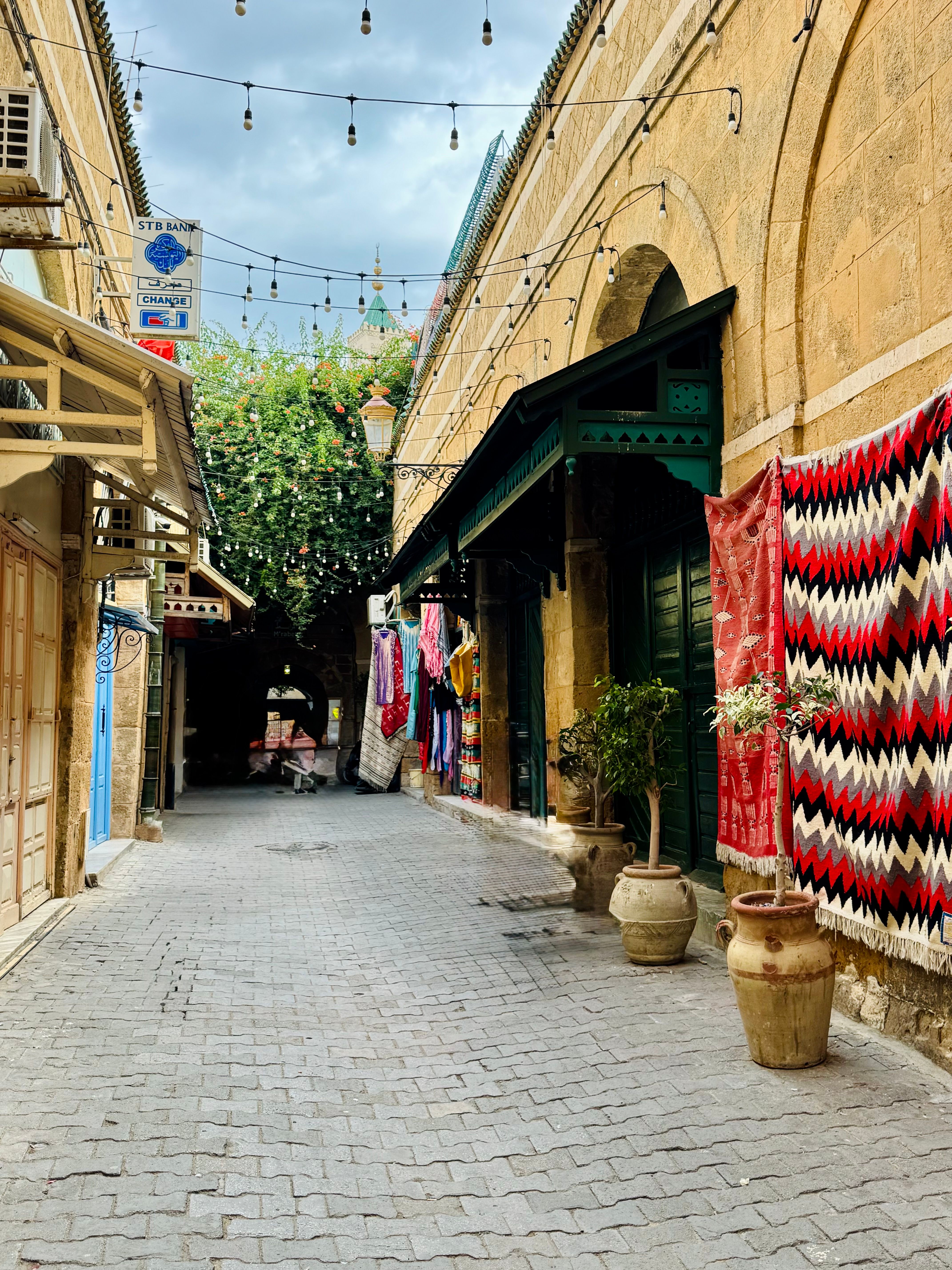 Picturesque alley with vibrant rugs and string lights in a historic town setting.