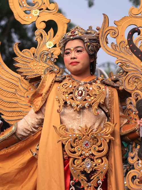Free Intricate traditional costume with ornate gold design at cultural festival. Stock Photo