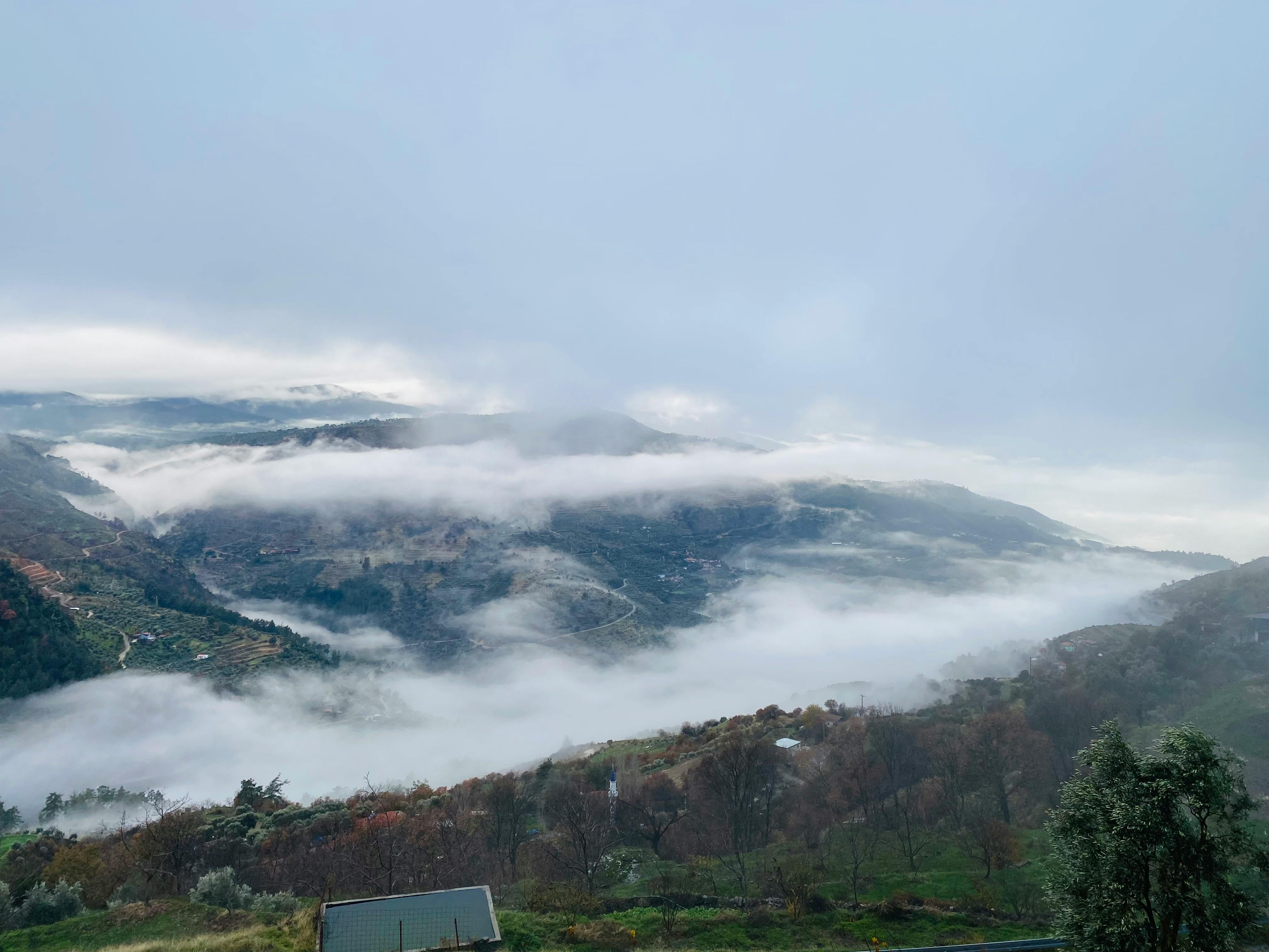Serene landscape with misty mountains and lush greenery in Bozdoğan, Türkiye.