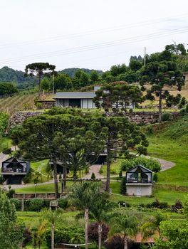 Scenic view of luxurious villas surrounded by lush greenery on a hillside.