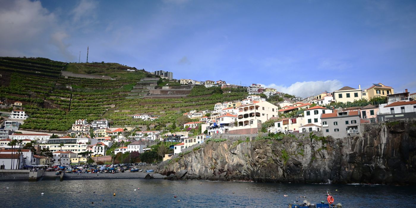 Coastal village in Madeira, Portugal with terraced vineyards and Atlantic Ocean views