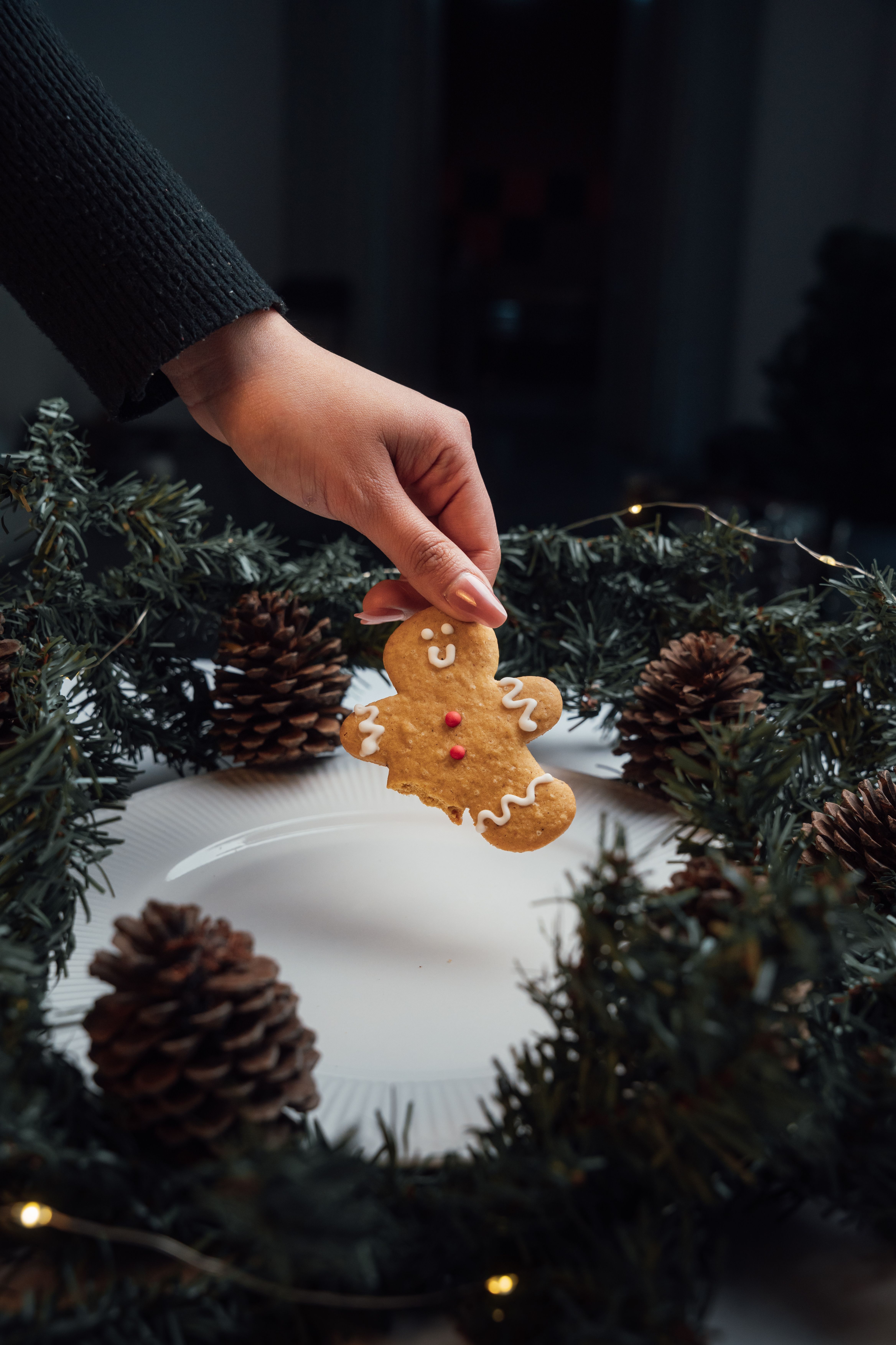 Hand Holding Gingerbread Man Over Festive Plate · Free Stock Photo