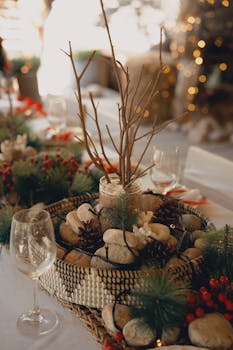 Elegant holiday table setting featuring a rustic centerpiece with winter elements, perfect for festive occasions.
