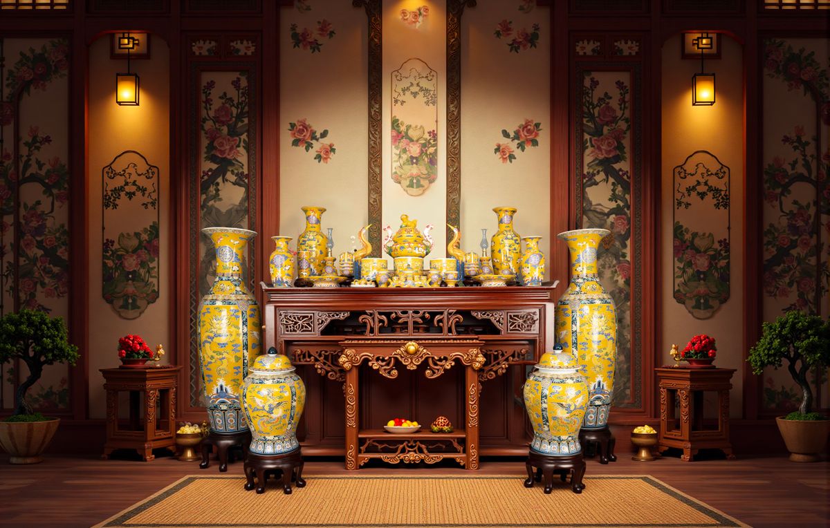 Elegant traditional Chinese interior with carved wooden furniture, celadon porcelain, and rich natural material palette