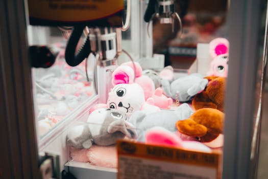 Close-up of a claw machine filled with colorful plush toys, evoking a playful and whimsical atmosphere.
