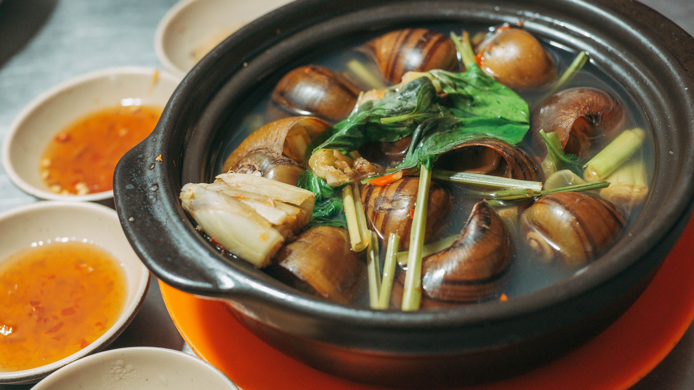 Tasty Vietnamese snail hotpot in clay pot with fresh herbs and dipping sauces, perfect for seafood lovers.