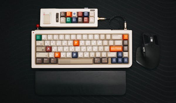 Top-down view of a retro mechanical keyboard set, with colorful keys, mouse, and wrist rest on a dark background.
