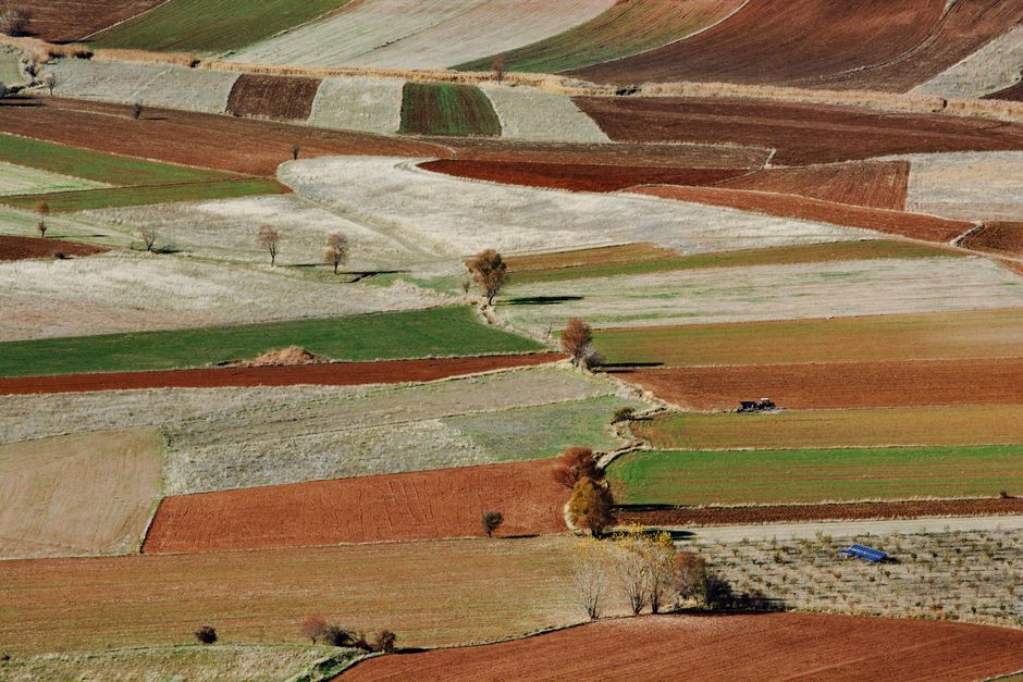 Captivating aerial view of multicolored agricultural fields in Muğla, Türkiye showcasing autumnal tones.