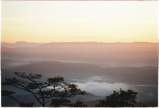 Tranquil mountain scenery with mist and golden sunrise hues.