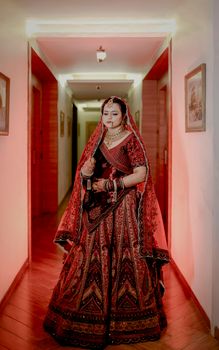 Portrait of a bride in exquisite Indian wedding dress and jewelry indoors.