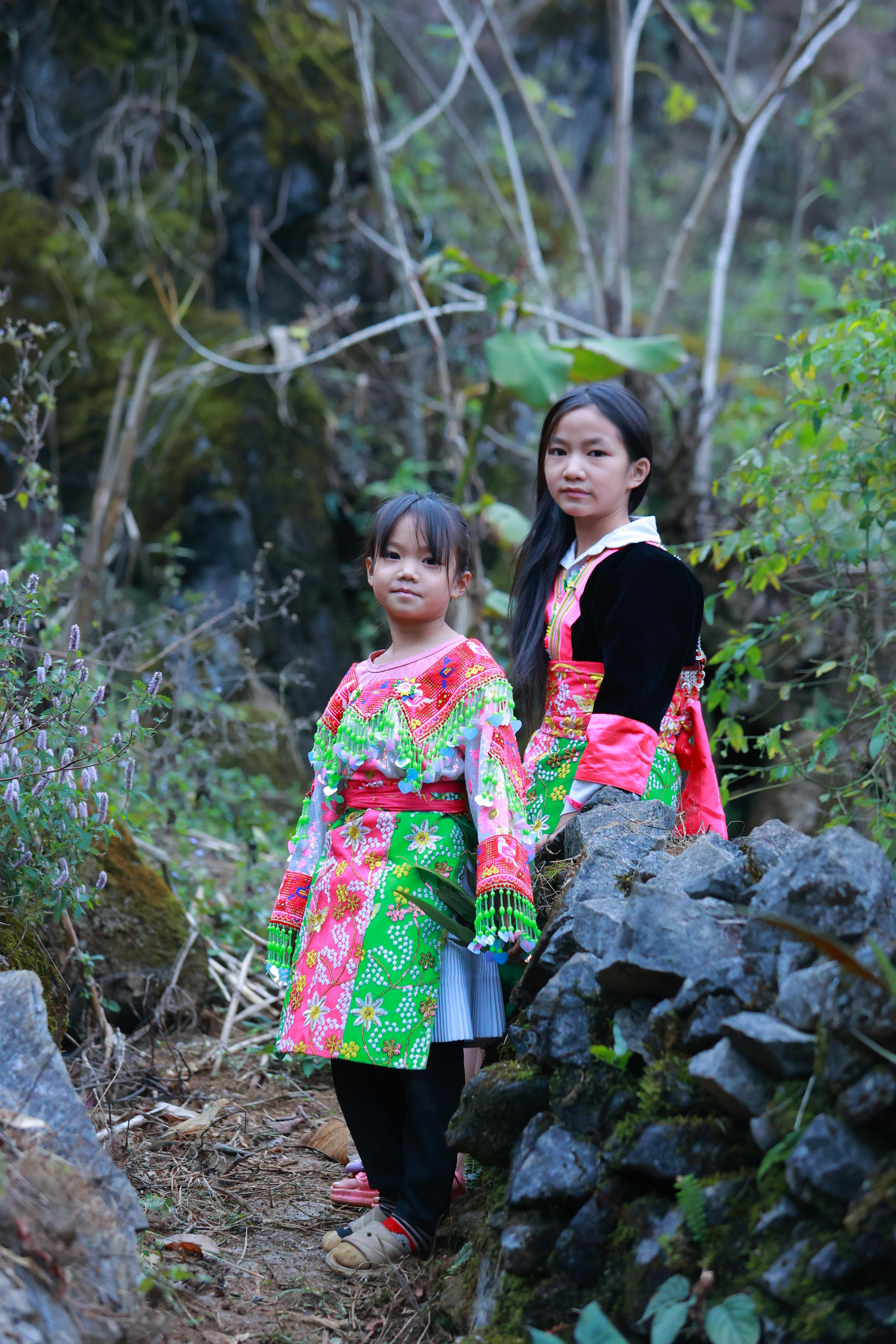 Gratis Dos mujeres con coloridos vestidos tradicionales posan en un exuberante entorno al aire libre. Foto de stock