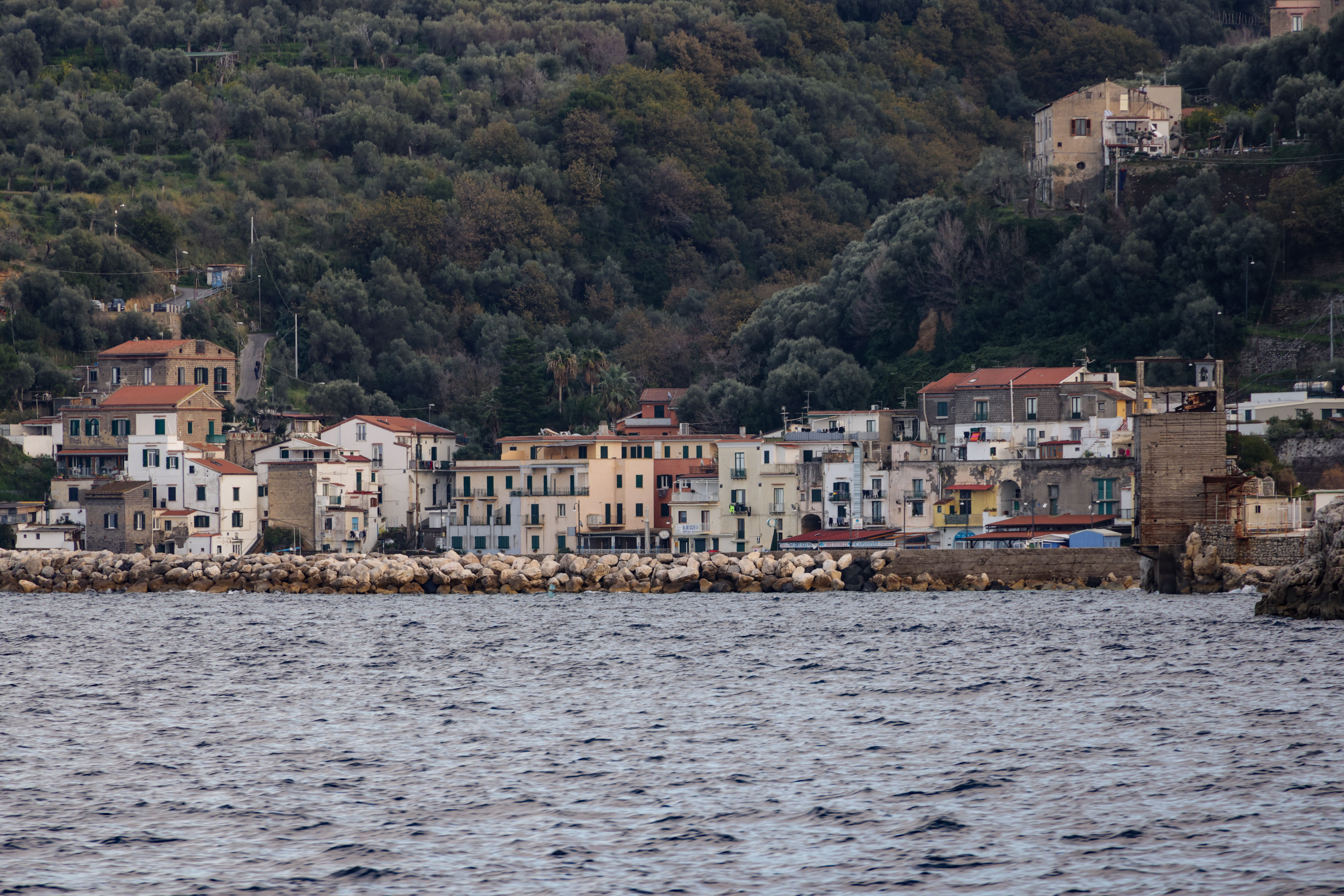 Charming Italian village along the Mediterranean coast with classic architecture and lush greenery.