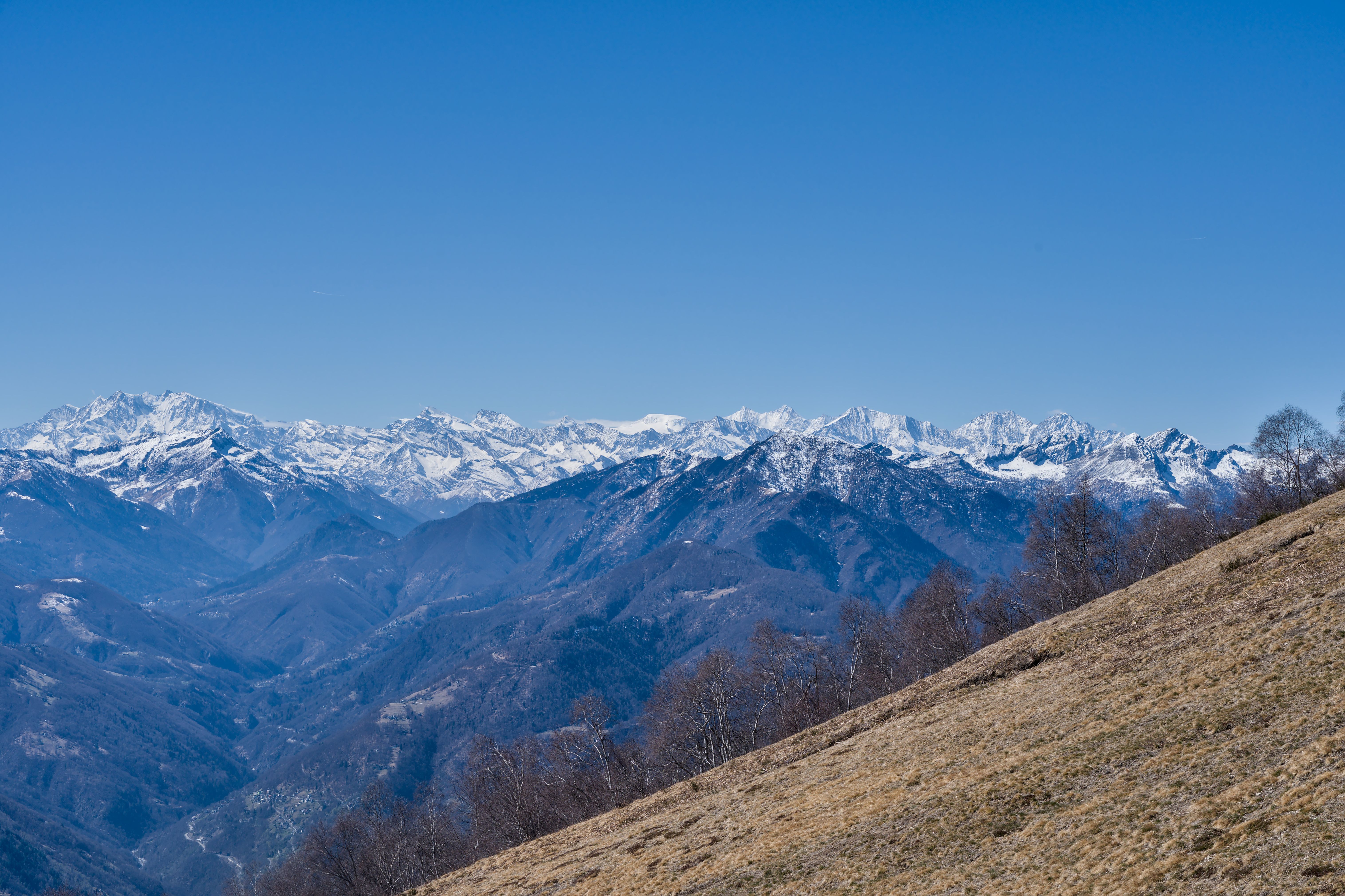 Panoramic view of the snow-capped Swiss Alps under a clear blue sky.