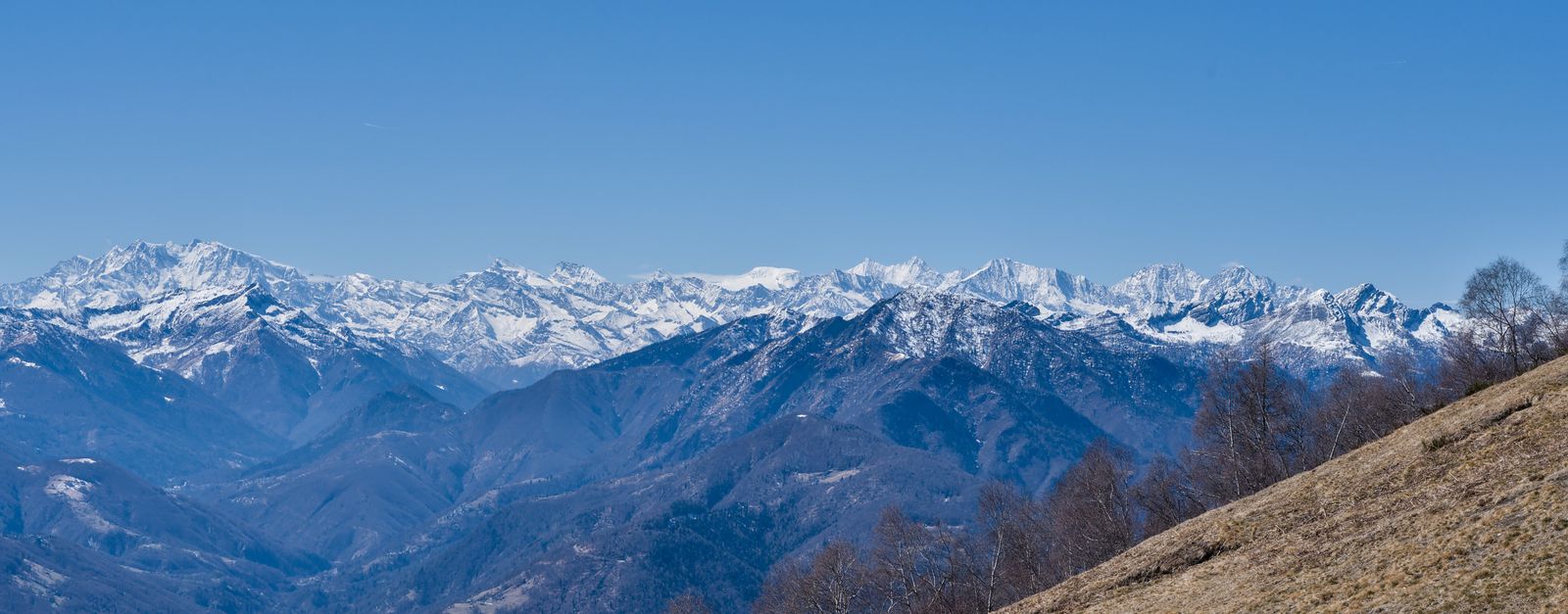 Panoramic view of the snow-capped Swiss Alps under a clear blue sky.
