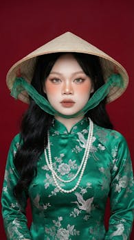 Elegant portrait of a woman in a green Ao Dai and Non La, symbolizing Vietnamese culture.