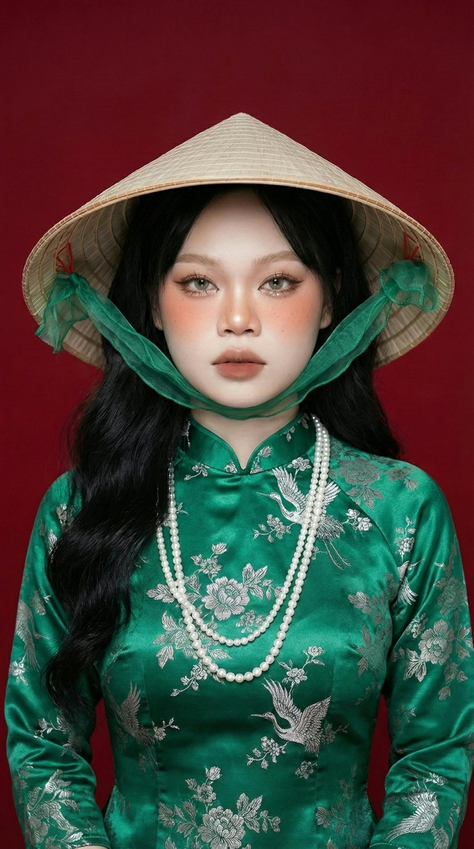 De franc Retrat elegant d'una dona amb un Ao Dai i un Non La verds, que simbolitzen la cultura vietnamita. Foto d'estoc