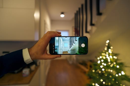 A festive indoor scene with a smartphone capturing a decorated hallway and Christmas tree.