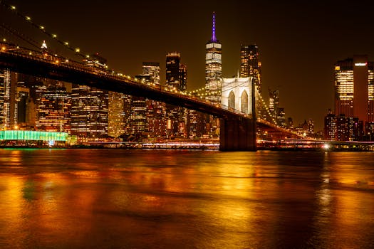 Scenic night view of Brooklyn Bridge with Manhattan skyline shining under city lights reflected on the water.