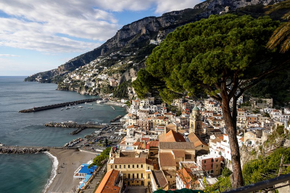 Beautiful aerial view of the Amalfi Coast with Mediterranean architecture and seaside charm.