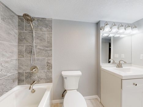 Bright modern bathroom with a shower, toilet, and vanity in neutral tones.
