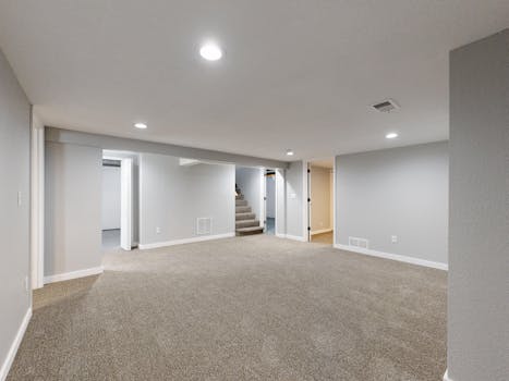 Spacious modern basement with neutral design and carpet flooring, perfect for renovation or real estate listings.