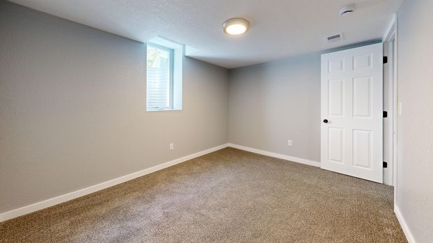 An empty room featuring beige carpet, a white door, and a window allowing natural light.