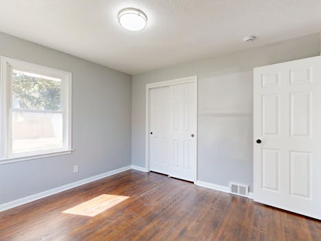 Sunlit empty room with hardwood floor and white closet doors.