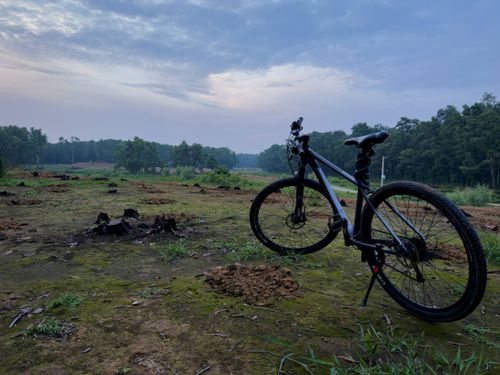 Free A mountain bike rests on a scenic outdoor trail at dawn, surrounded by lush trees and a calm sky. Stock Photo