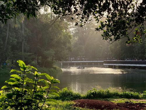 Free Tranquil view of a lush park lake with a bridge in Dhaka, perfect for relaxation and nature admiration. Stock Photo