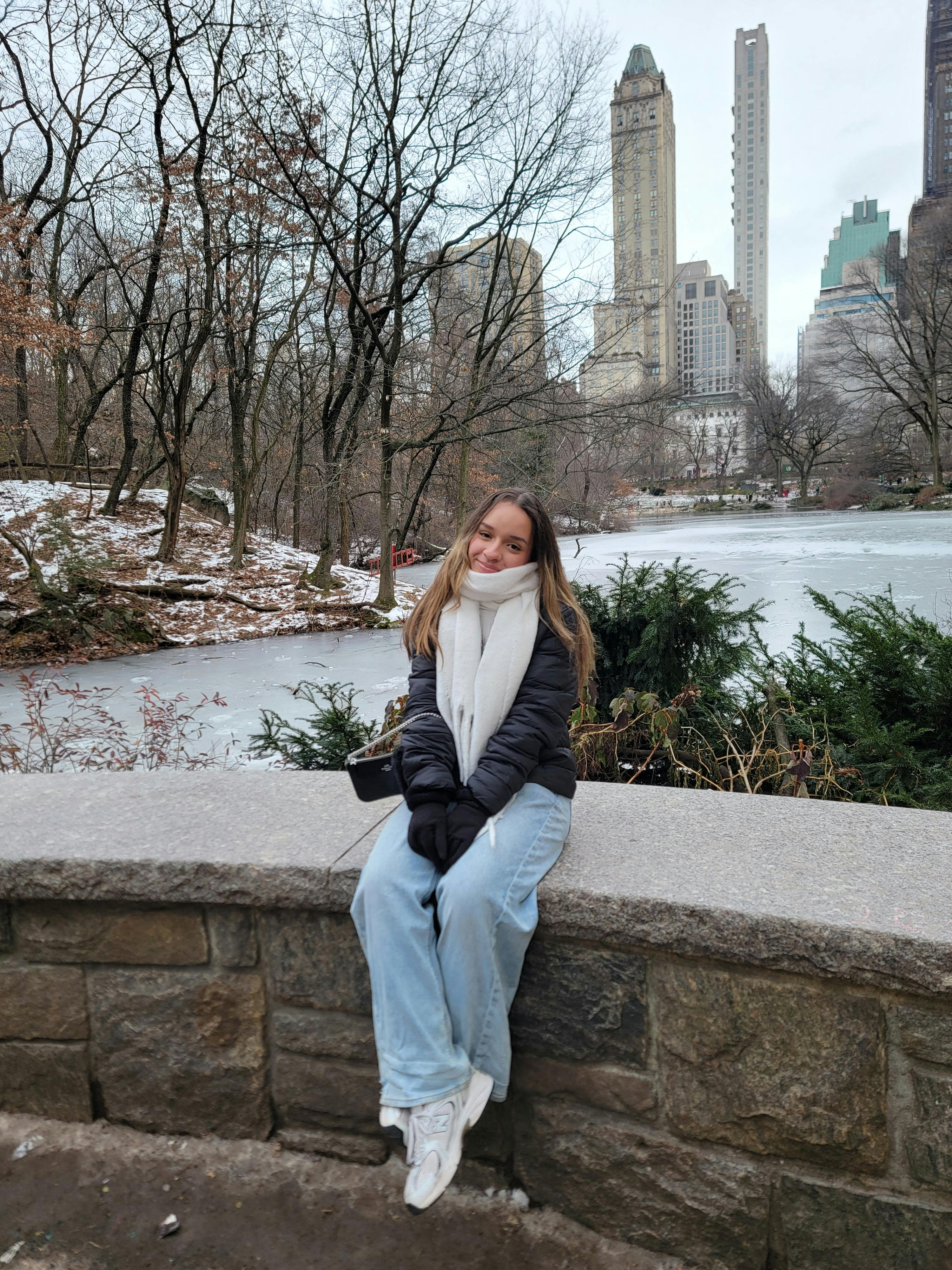 grátis Uma jovem senta-se à beira de um lago congelado no Central Park, em Nova York, irradiando calor no inverno. Foto profissional