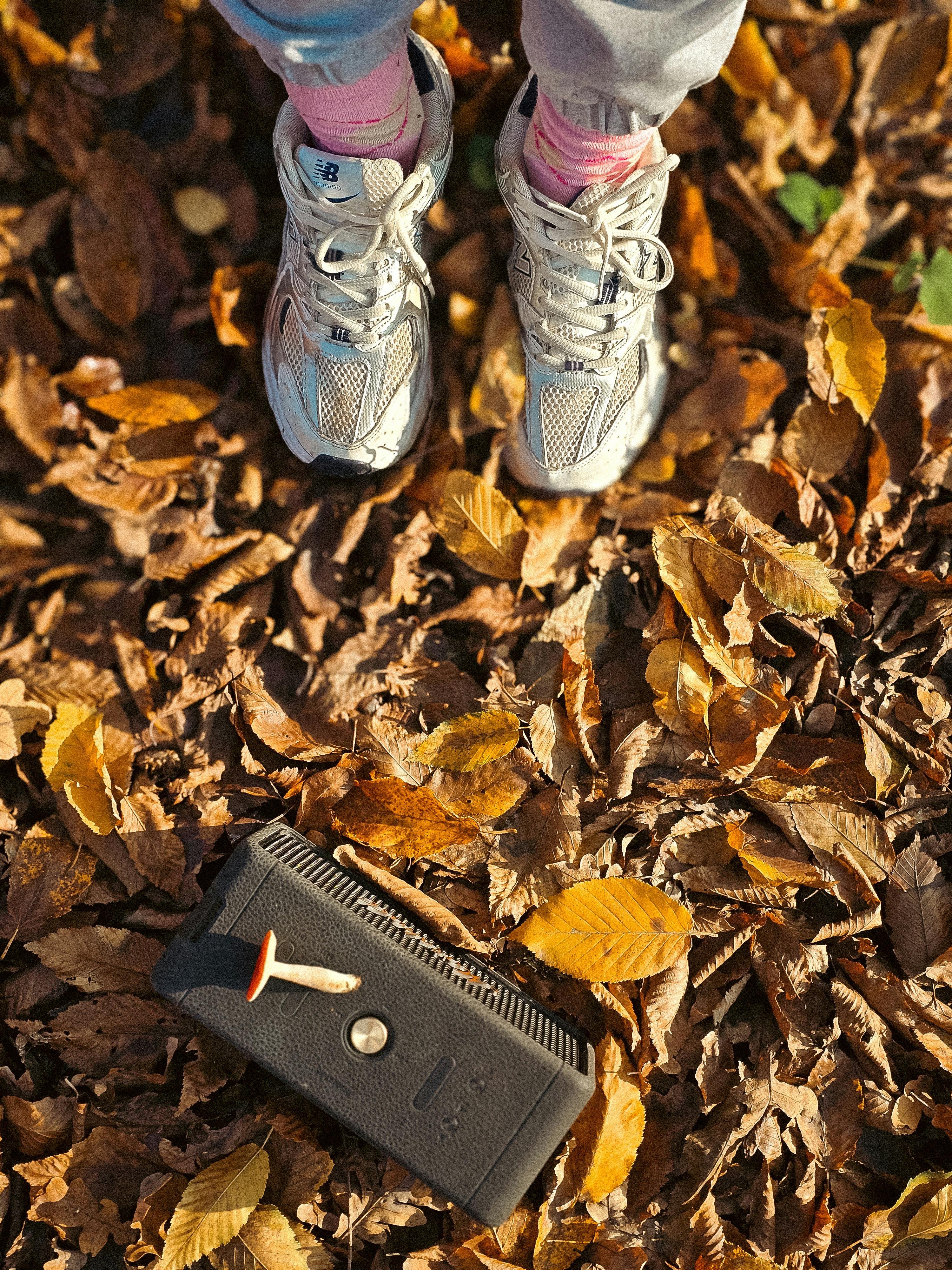 Gratis Persona con zapatillas caminando sobre hojas otoñales con un altavoz portátil. Ideal para imágenes de estilo de vida otoñal. Foto de stock
