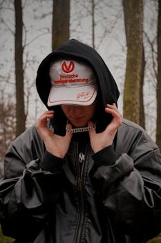 Individual in a dark hoodie with cap adjusting necklace in a forest setting.