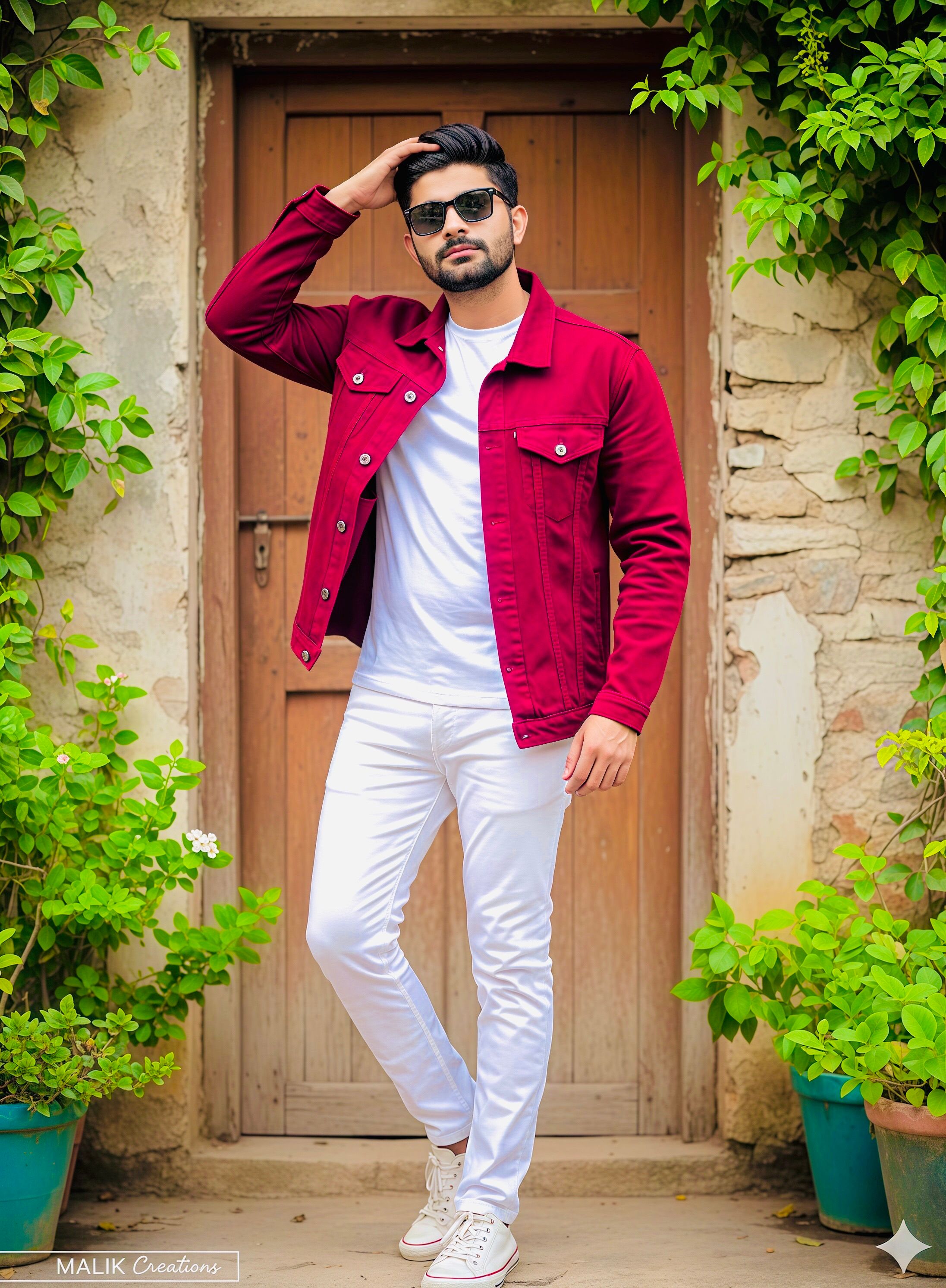 Fashionable man posing outdoors in Rawalpindi, Pakistan, wearing a red jacket.
