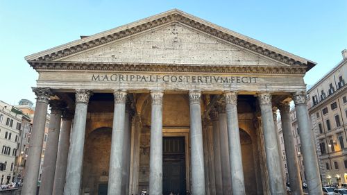 Free Detailed front view of the Pantheon's portico with Corinthian columns in Rome, Italy. Stock Photo