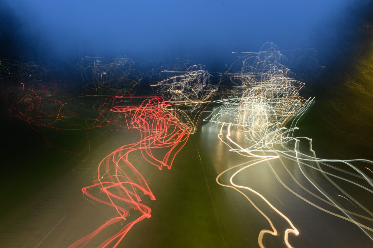vivid light trails on a road at night in craigavon northern ireland