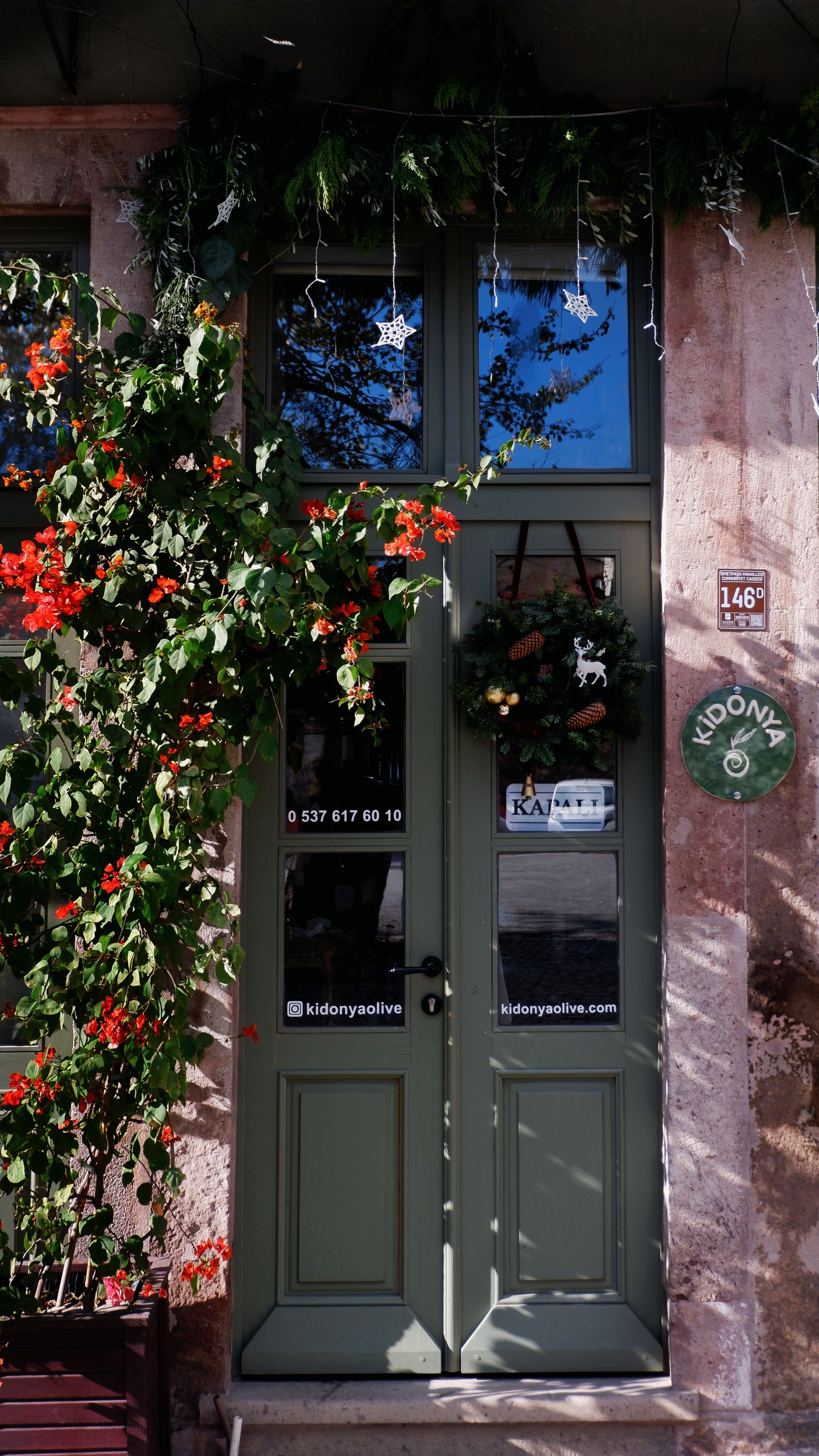 A green doorway adorned with red flowers and festive decorations in sunlight.
