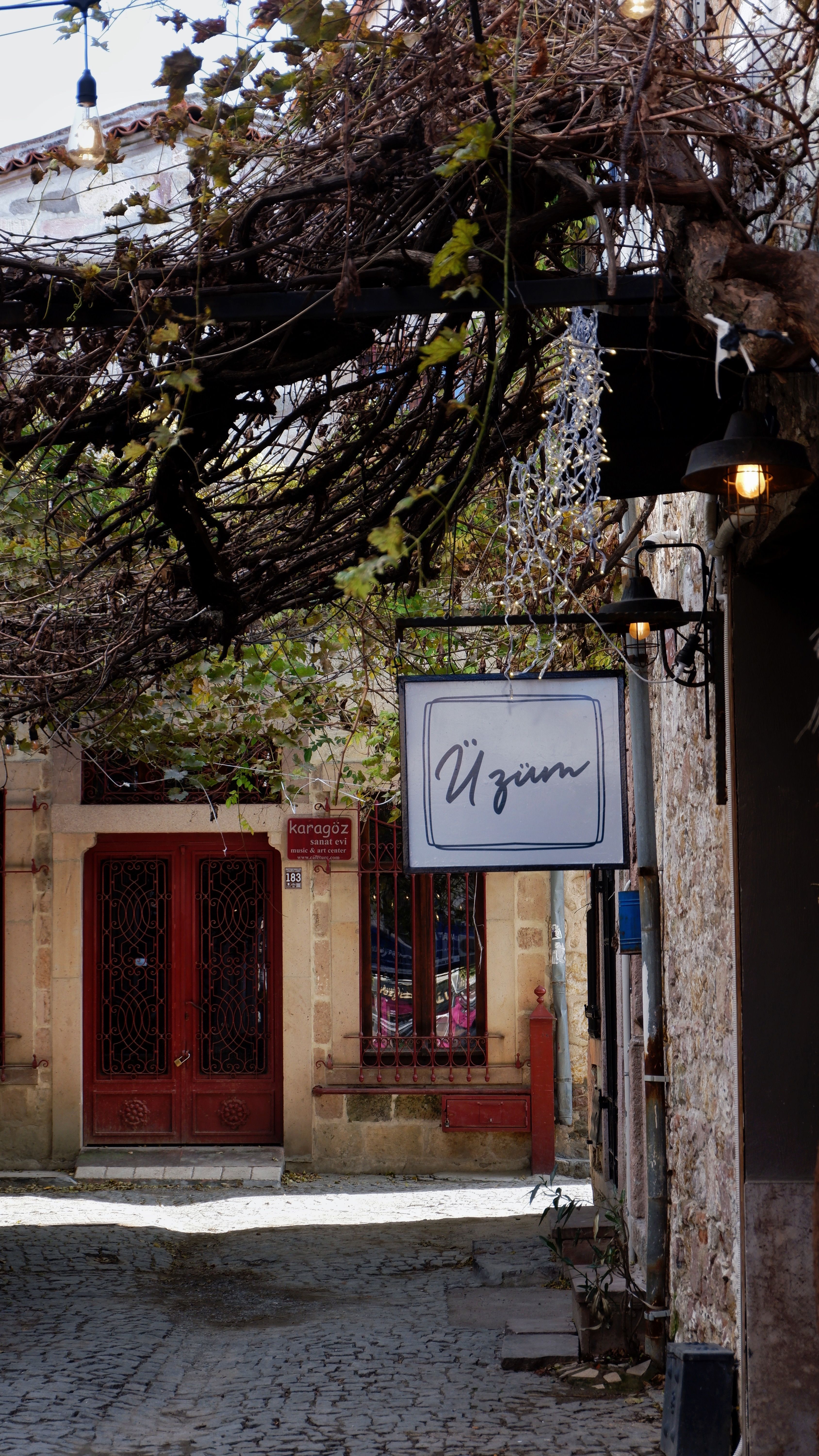 A quaint cobblestone street featuring a rustic shop with a vintage sign and vibrant red door.