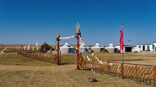 Free Picturesque view of traditional yurts and decorations in rural Inner Mongolia, China. Stock Photo