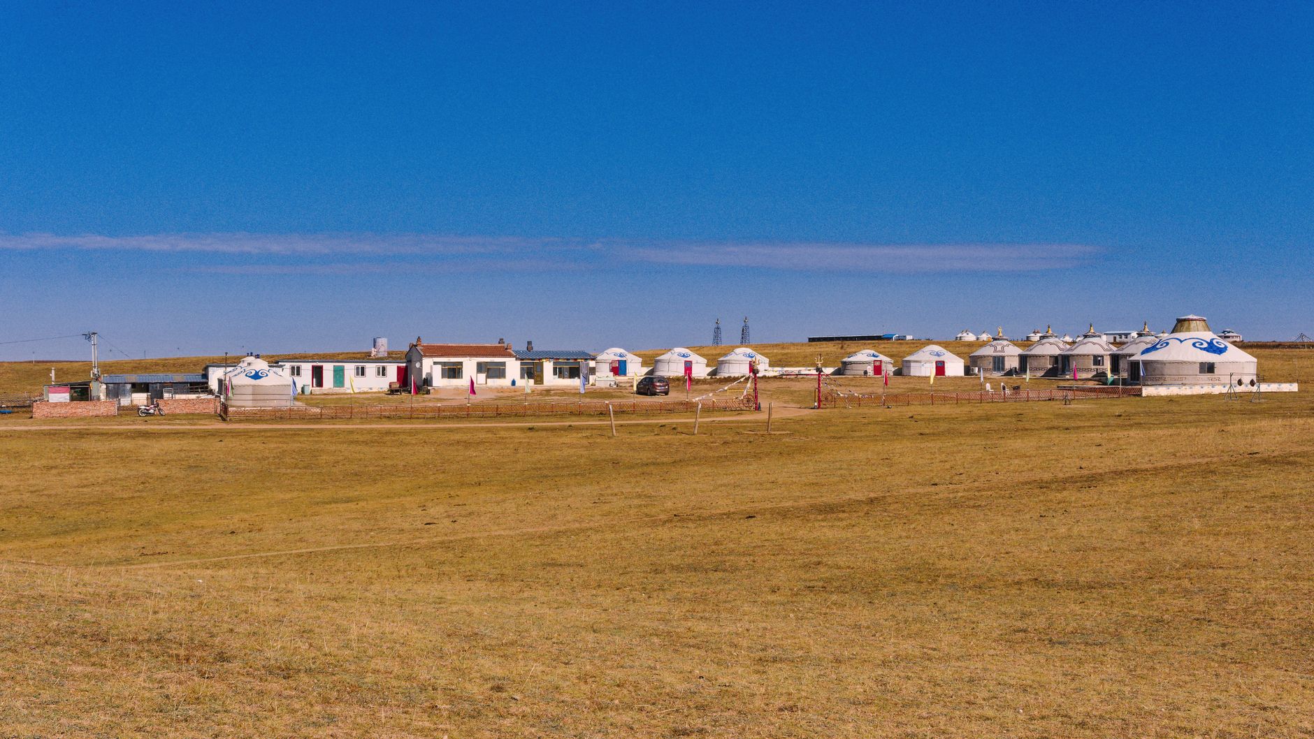 Scenic view of a traditional settlement with yurts in the vast grasslands of Inner Mongolia, China.
