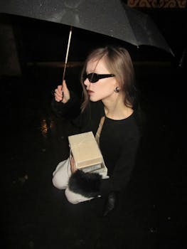A fashionable woman with an umbrella at night holding a box, exuding mystery.