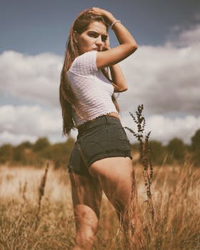 夏日田野中，一位身着休闲装的年轻女子在自然背景下摆姿势的户外肖像