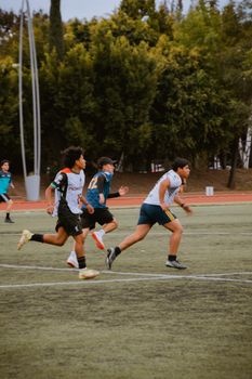 Teenagers engaged in soccer practice on a grass field in Puebla, Mexico.