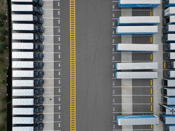 Aerial view of logistics truck fleet