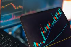 A tablet displaying a candlestick chart with a laptop screen showing stock market data for financial analysis.