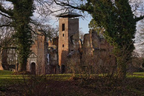 Free Ancient castle ruins with ivy-covered walls in a tranquil landscape setting. Stock Photo