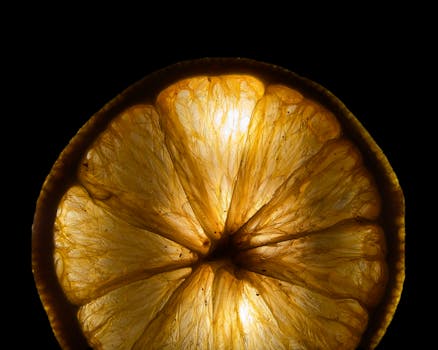Artistic close-up of a backlit lemon slice highlighting textures. Ideal for kitchen decor.